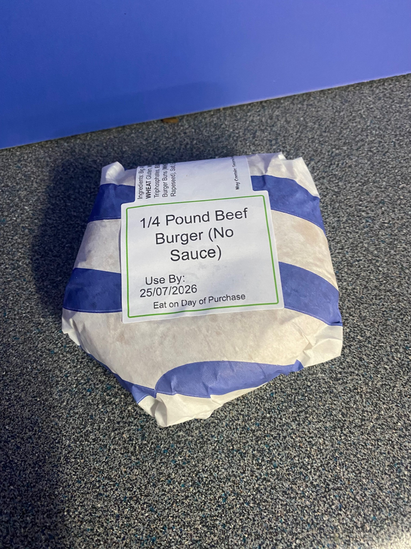The same burger wrapped, labelled 1/4 Pound Beef Burger (No Sauce)