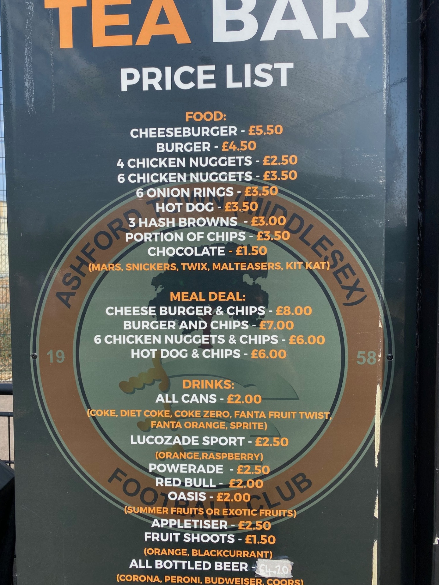 Ashford Town (Middlesex) FC Tea Bar price list showing food, meal deal and drinks prices