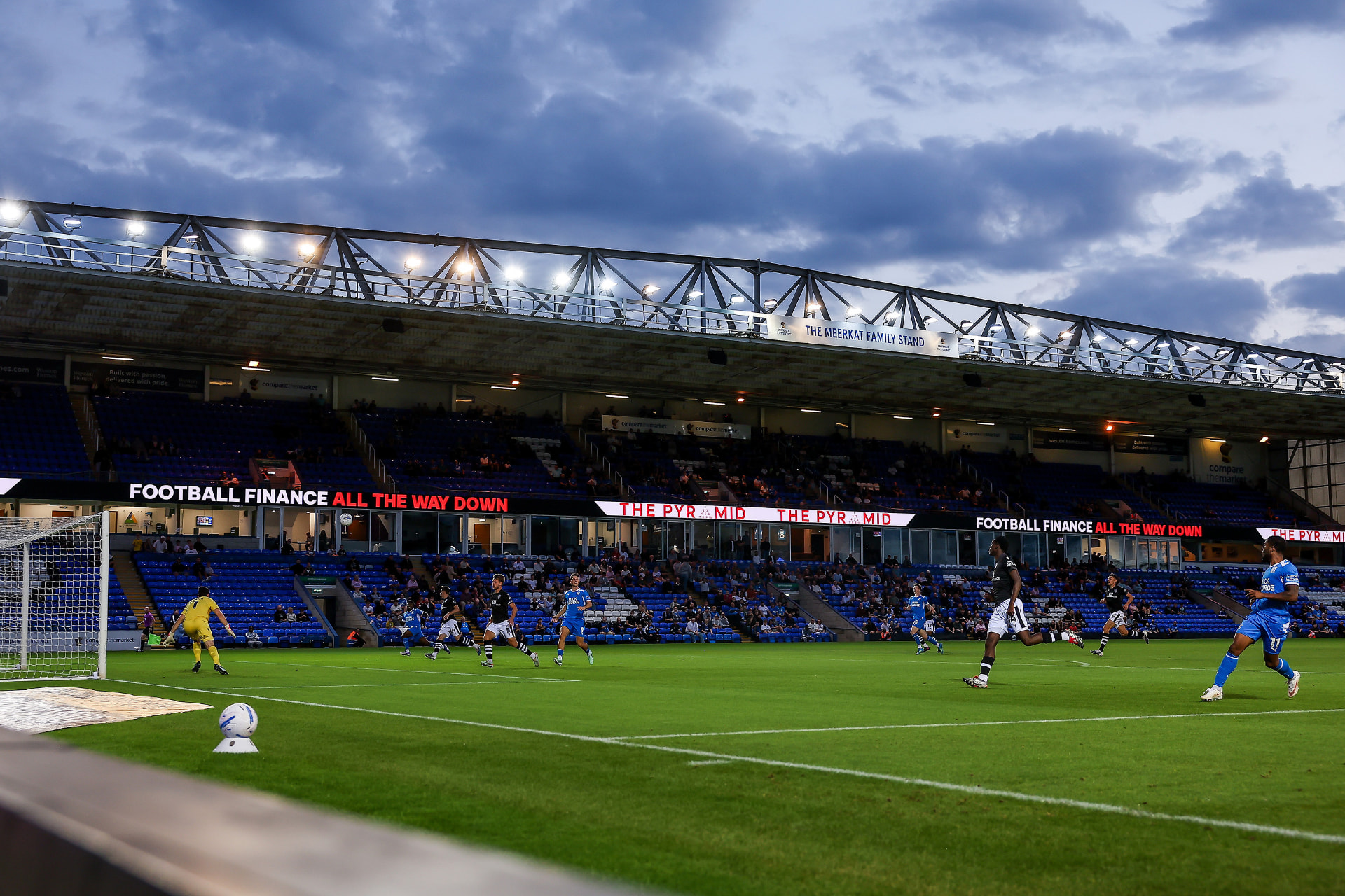 Peterborough United playing Colchester United with The Pyramid advertising across the LED perimeter boards